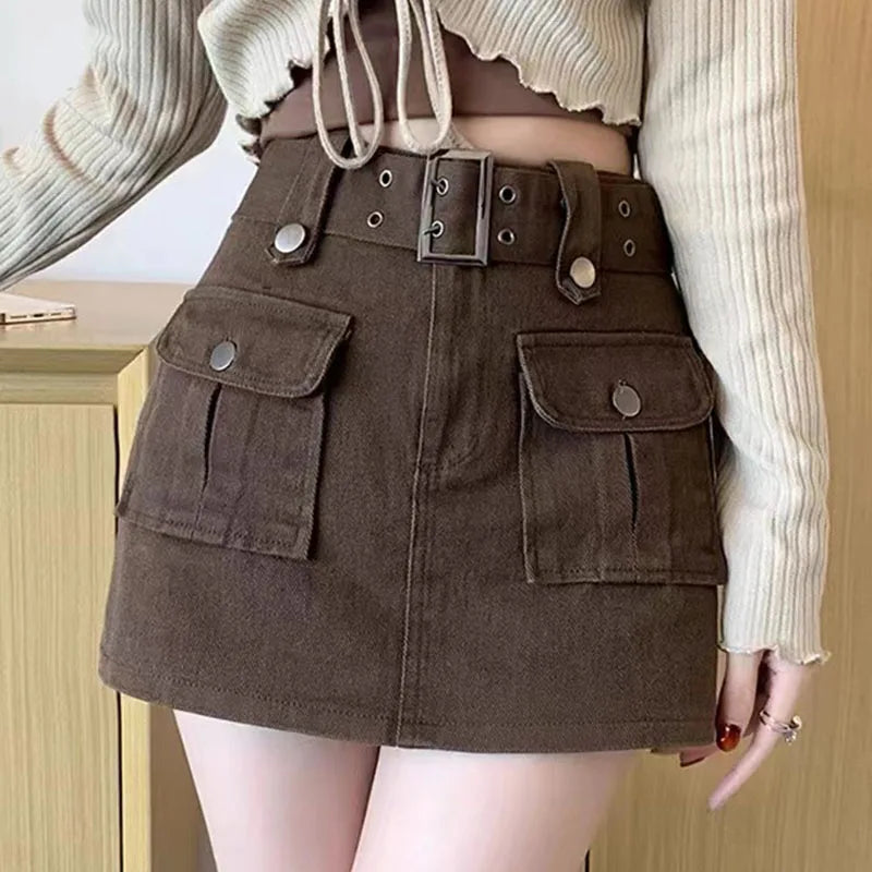 Lucyever Korean Style High Waist Mini Skirt Women Fashion with Belt Short Culotte Skirts Y2K Streetwear Big Pocket Cargo Skirts