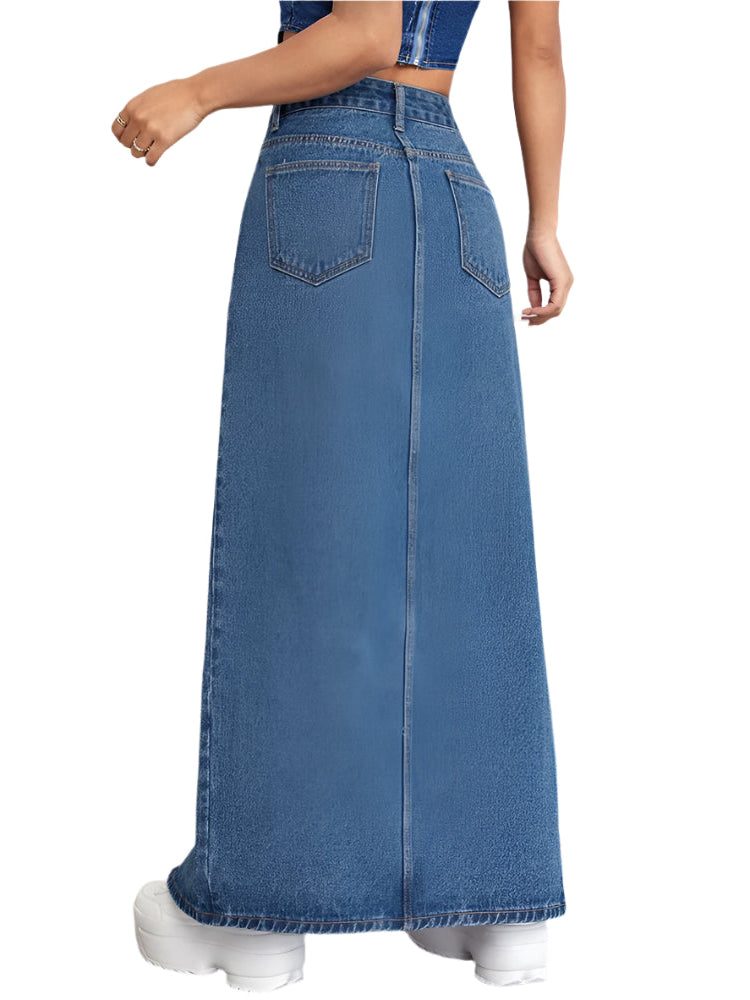 2024 Slant Pockets Whiskering Denim Midi Skirt, Split Non-Stretch DenimSkirt, Women's Denim Clothing