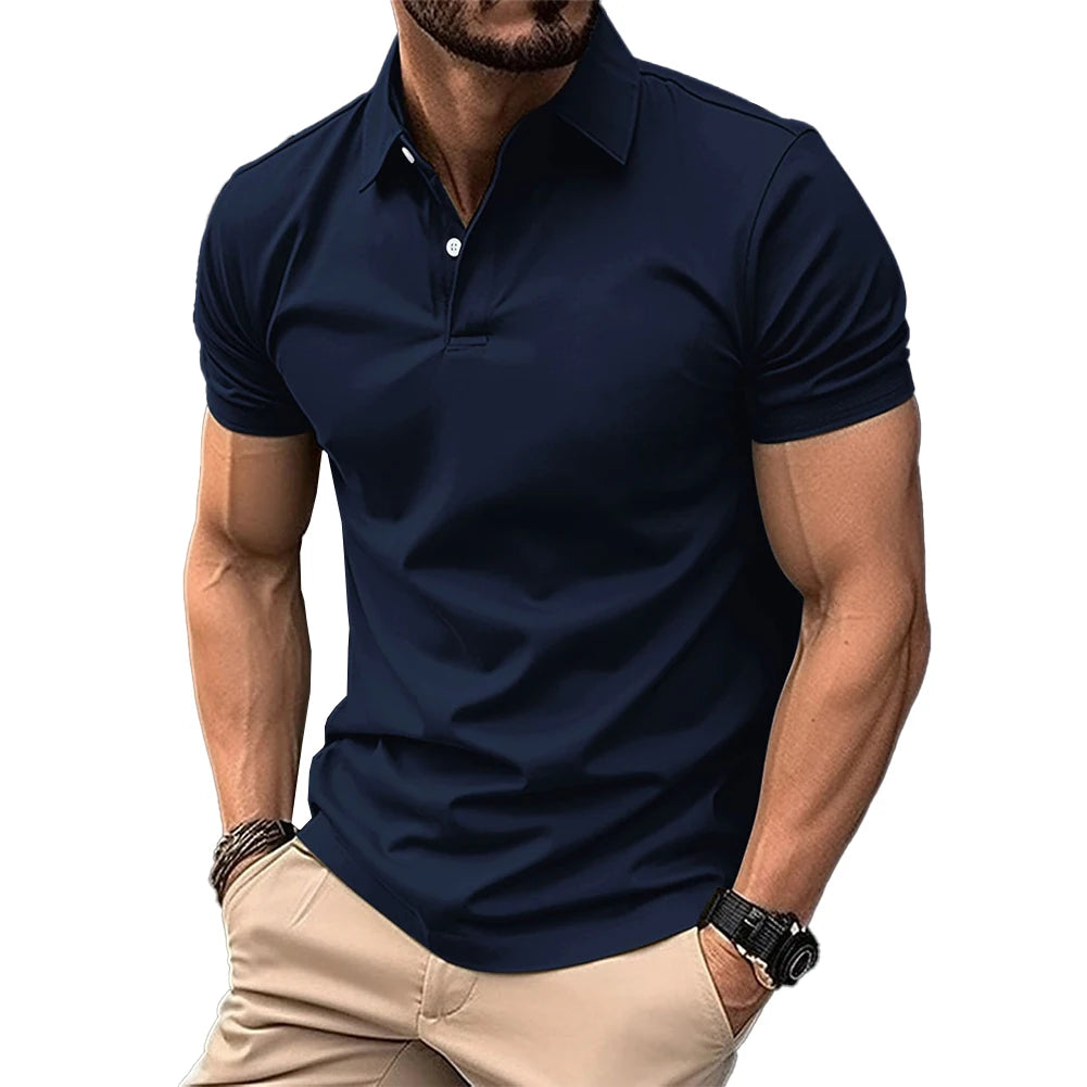 Mens Short Sleeve Shirt Office Button Collar T Shirt Muscle Blouse Tops Tee