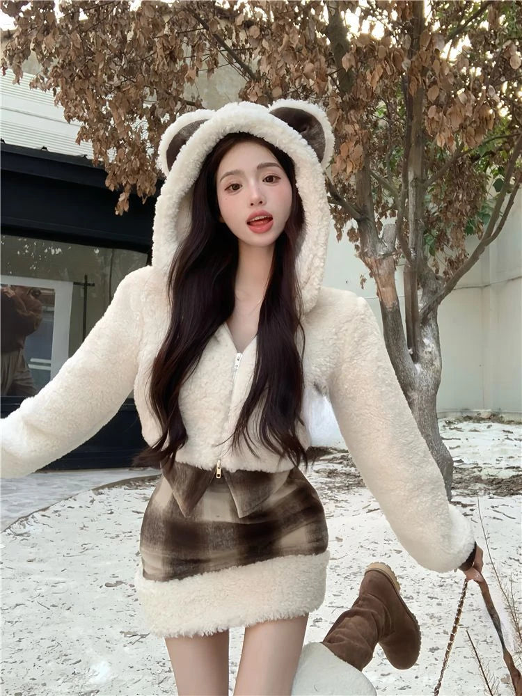 2024 Spring Japanese Style Kawaii Warm Suit Outwear Casual Coat + Slim Plaid Y2k Mini Skirt Party Sweet Cute Sets Woman Design