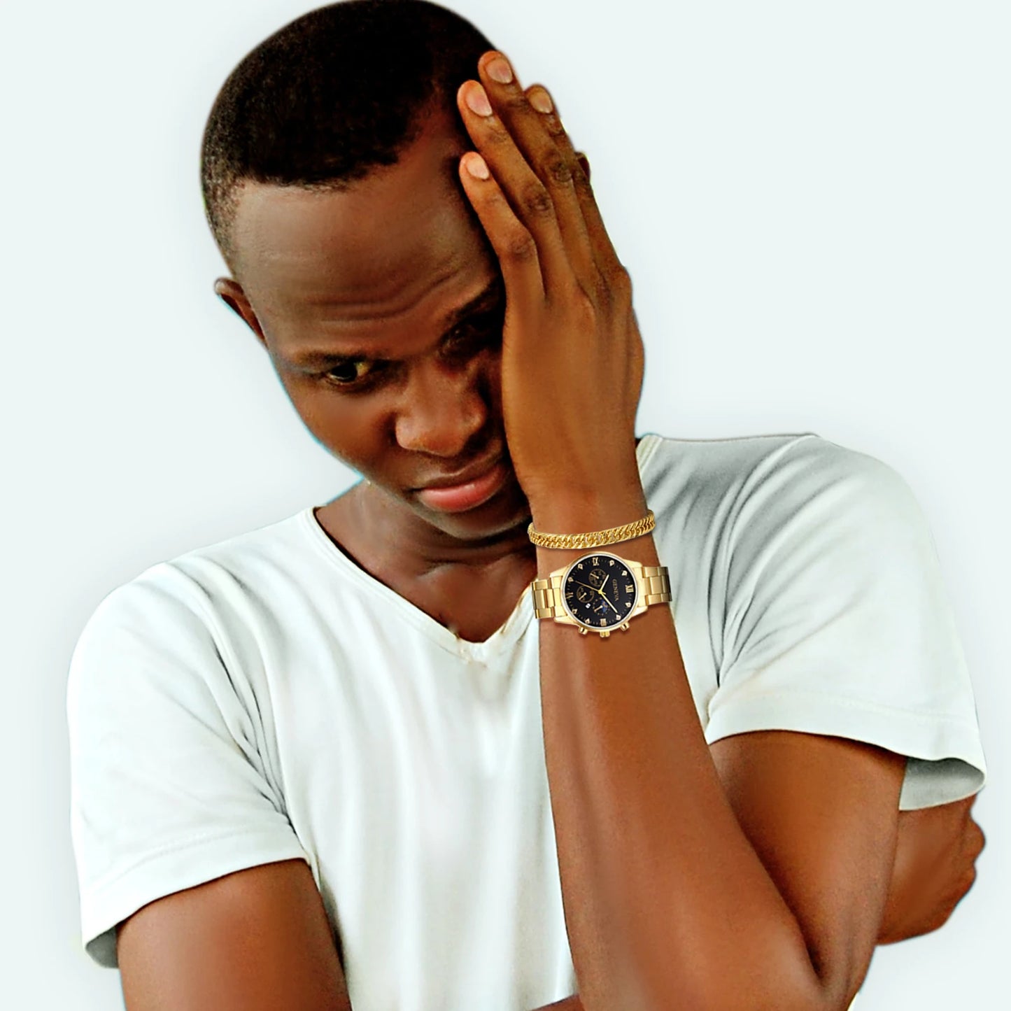 LANCARDO Men Waterproof Watch Decorative Rhinestone Date Quartz Luminous Hands Dial Stainless Steel Watch Bracelet Business Set