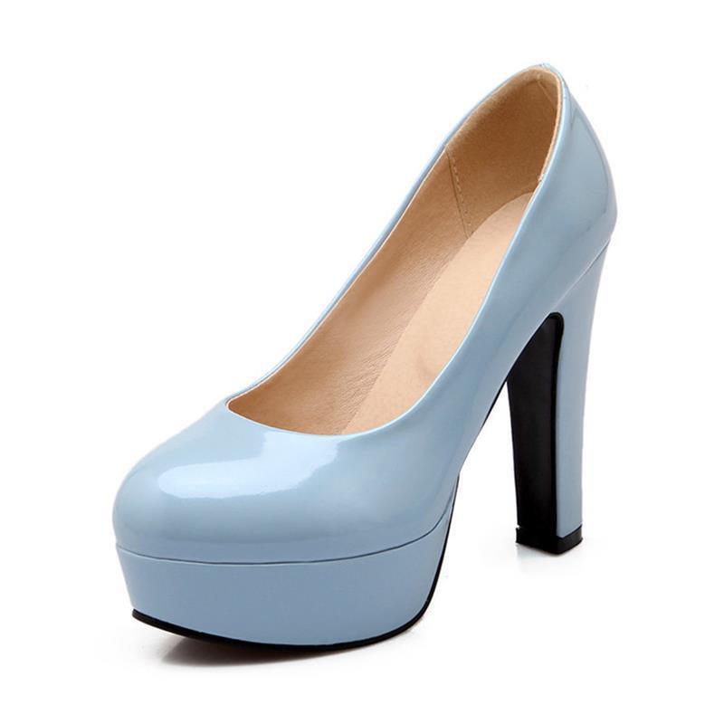 European And American Patent Leather Ladies High Heels Pumps Round Toe Water Platform Thick Heel Shoes